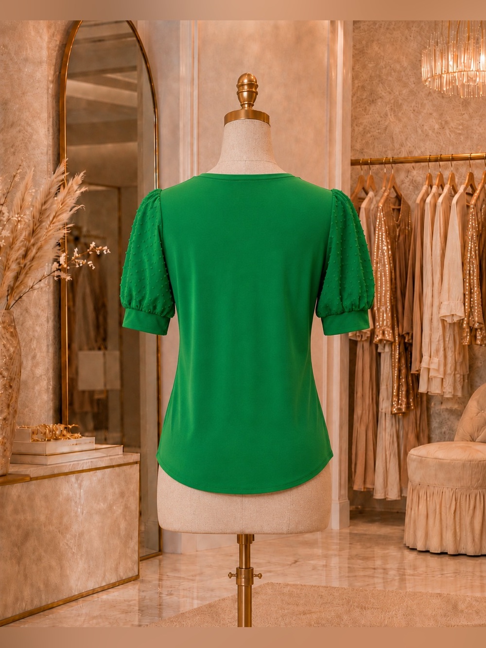 👒 CECE Emerald Green Puff Sleeve Swiss Dot “Mixed Media” Top NWOTs - Picture 4 of 10